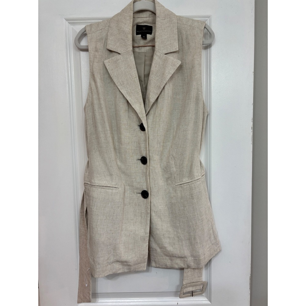 Worthington Womens Oatmeal Linen Blend Belted Sleeveless Longline Blazer Vest M - Picture 2 of 8